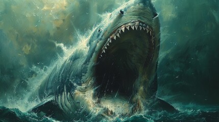 a painting of a shark with it's mouth open and it's mouth wide open in the water.