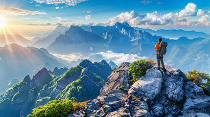 Top of the World: Hiker Admiring the Panoramic View from a Mountain Peak at Sunrise - obrazy, fototapety, plakaty
