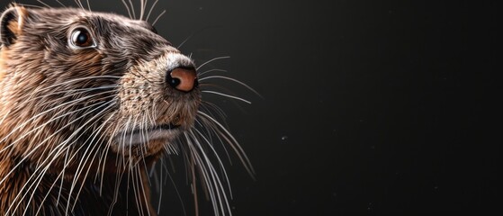 a close up of a rodent's face on a black background with a blurry image of the rodent's head.