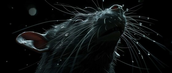 a close up of a cat's face with water droplets coming out of it's mouth and a black background.