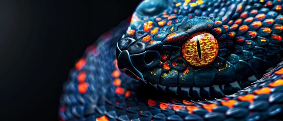 a close up of a snake's head with orange and blue patterns on it's body and a black background.