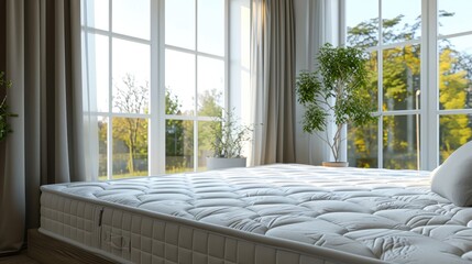 Comfortable bed with new mattress in a room with big window in the bedroom. Healthy sleep. Home Interior