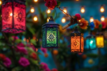 Cinco de Mayo Backyard Party Ambiance with Colorful String Lights and Floral Decorations. Festive Cinco de Mayo backyard with string lights.