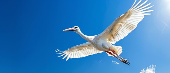 a large white bird flying through a blue sky with its wings spread and it's wings spread wide open.