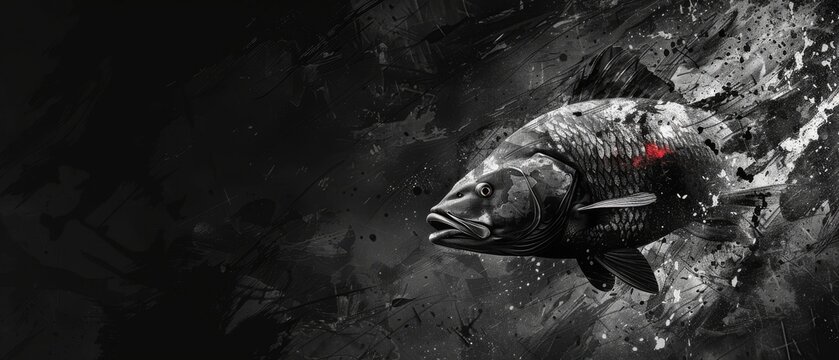 a black and white photo of a fish with a red spot in it's mouth and a black background.