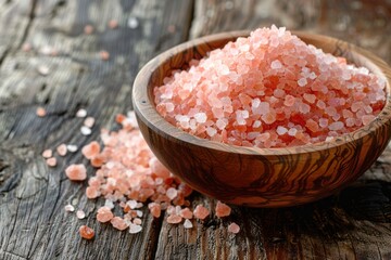 Himalayan pink salt in a wooden bowl on rustic wood background, highlighting natural and culinary themes. Pink Himalayan salt in a bowl, rustic and culinary appeal - obrazy, fototapety, plakaty