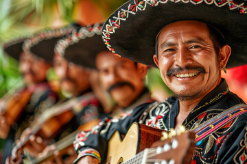 Fototapeta premium Mariachi Band in Full Costume Smiling and Playing Guitars at a Cinco de Mayo Celebration. Mariachi band playing guitars in Cinco de Mayo festivity.