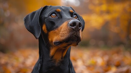 a close up of a dog's face with leaves on the ground in the foreground and trees in the background.
