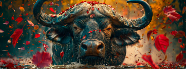 a bull with large horns standing in a body of water surrounded by red and gold confetti and petals.