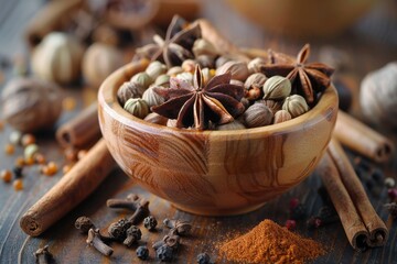 Assorted Whole Spices in a Wooden Bowl with Cinnamon Sticks and Star Anise on Rustic Surface. Wooden bowl of whole spices with cinnamon and anise.
