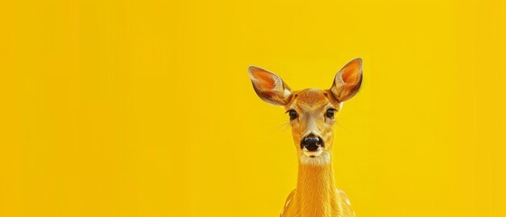 a close up of a deer's face on a yellow background with a blurry image of the deer's head.