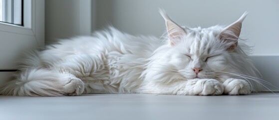 a white cat is sleeping on the floor next to a window and a window sill with its eyes closed.