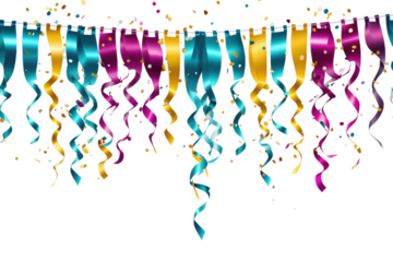 Colorful Streamers and Confetti Cascading. Bright vibrant streamers cascade down, mixed with confetti, creating a festive and dynamic visual display. on White or PNG Transparent Background.