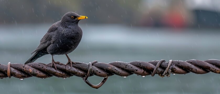 a black bird sitting on top of a metal barbwire with a yellow beak on it's head.