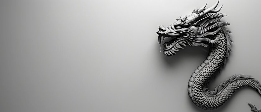 a black and white photo of a dragon on a gray background with a black and white image of the head of a dragon.