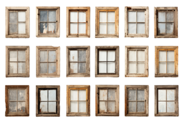 Set of Twelve Old Windows. A collection of twelve weathered and aged windows placed on a clean white background. The windows vary in size and style showcasing a range of architectural designs.
