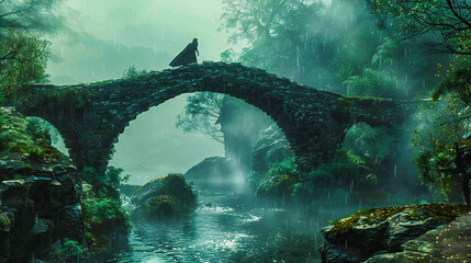 Arch of Tranquility: Stone Bridge Reflecting in Calm River Waters in a Serene Natural Landscape