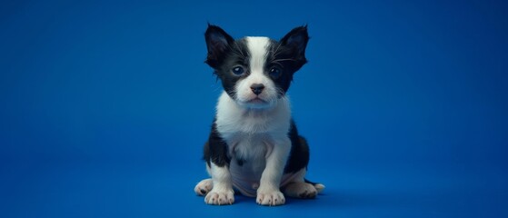 a small black and white dog sitting in front of a blue background with a sad look on it's face.
