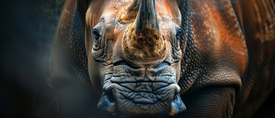 a close - up of a rhino's face with a blurry background of the rhino's head.