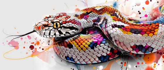 a close up of a snake on a white surface with colorful paint splatters on it's body.