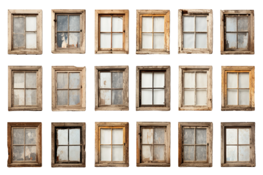 Set of Twelve Old Windows. A collection of twelve weathered and aged windows placed on a clean white background. The windows vary in size and style showcasing a range of architectural designs.