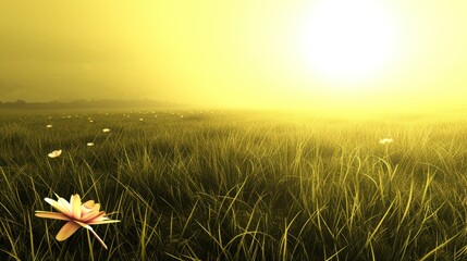 a field of tall grass with a flower in the foreground and the sun shining through the clouds in the background.