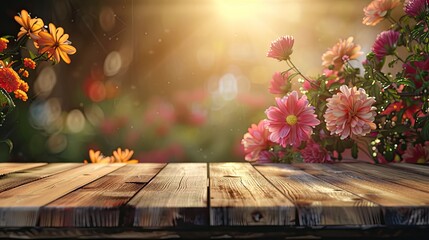 Empty wooden table with flower background with Blur effect.