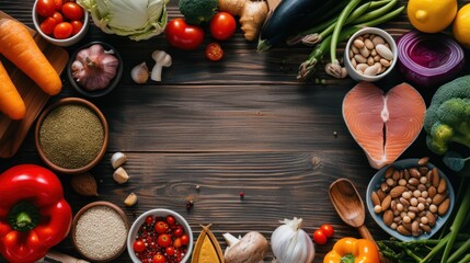 a wooden table topped with lots of different types of fruits and vegetables next to a bowl of beans and broccoli.