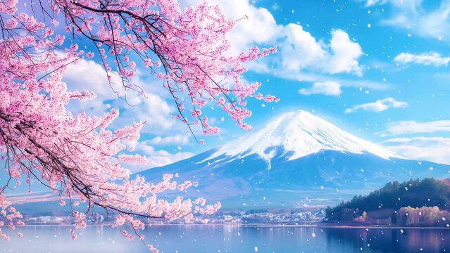 Mount Fuji towering over cherry blossoms in full bloom, Sakura season in Japan with majestic Mount Fuji in the background.