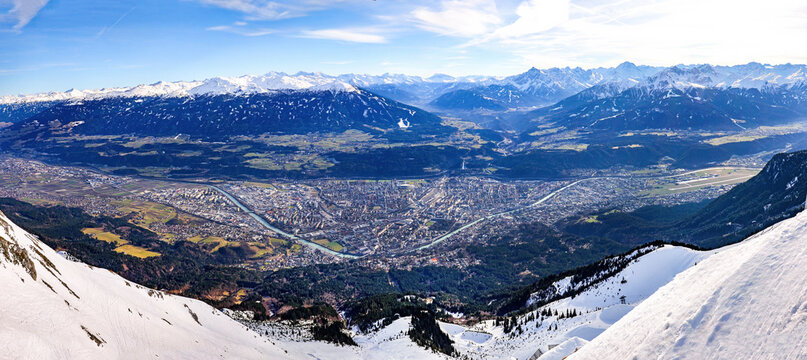 Innsbruck, Tirol, Citypanorama with Inn River, Inntal-Highway, Berg Isel and the alps