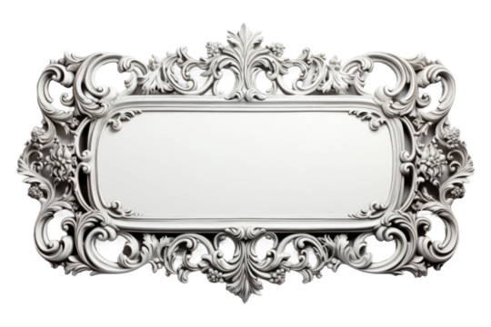 Ornate Silver Frame. A detailed ornate silver frame stands against a plain white background showcasing intricate designs and patterns. on White or PNG Transparent Background.