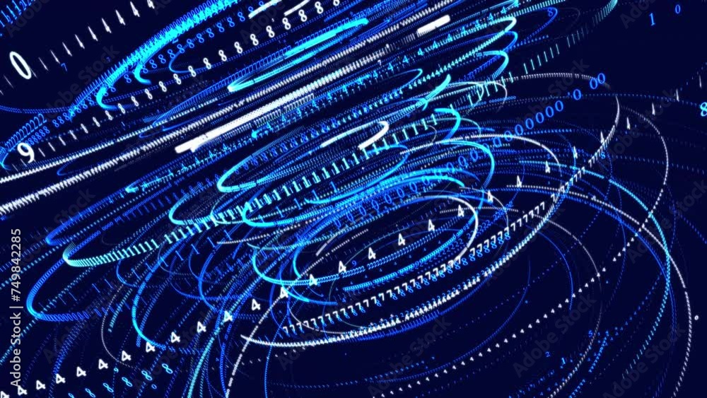 Poster vj loop hologram blue abstract digital bg. symbols form lines, lines form rings grid. sci fi theme, 