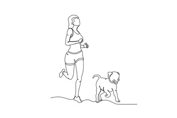 Single continuous line drawing of Woman jogging with her pet dog .sport concept one line draw graphic design vector illustration

