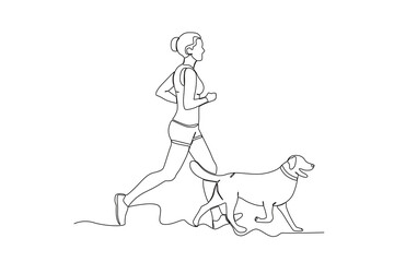 Single continuous line drawing of Woman jogging with her pet dog .sport concept one line draw graphic design vector illustration
