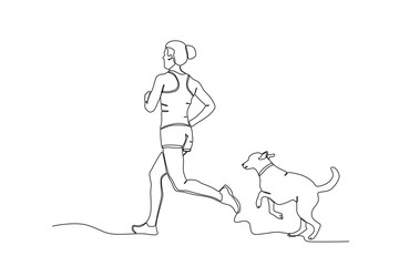 Single continuous line drawing of Woman jogging with her pet dog .sport concept one line draw graphic design vector illustration
