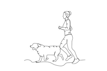 Fototapeta premium Single continuous line drawing of Woman jogging with her pet dog .sport concept one line draw graphic design vector illustration 