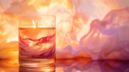 a close up of a glass of water with a lit candle in the middle of the glass on a table.