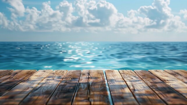 Empty wooden table with sea background with Blur effect.
