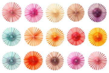 Assorted Colored Paper Fans. A collection of various colored paper fans fanned out on a plain white background. The fans are neatly arranged, showcasing a vibrant array of colors.