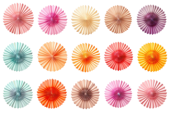 Assorted Colored Paper Fans. A collection of various colored paper fans fanned out on a plain white background. The fans are neatly arranged, showcasing a vibrant array of colors.