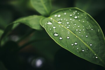 Close up raindrops falling on green leaf in serene nature inspired style plant after rain outdoors with bubble clear drop of water garden in rainy weather ecology eco background beautiful backdrop
