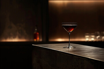Classic cocktail in a coupe glass on a bar counter with a warm ambiance. Sophisticated drink concept for bar atmosphere and menu design - obrazy, fototapety, plakaty