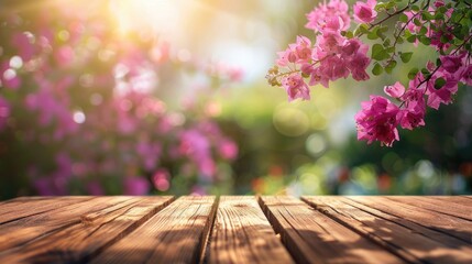 Empty wooden table with flower background with Blur effect.