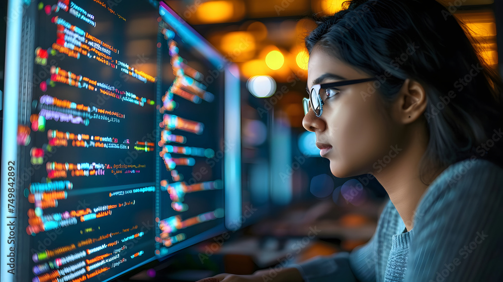 Aufkleber indian woman working as a software developer. female developer with a laptop, lines of code on a com