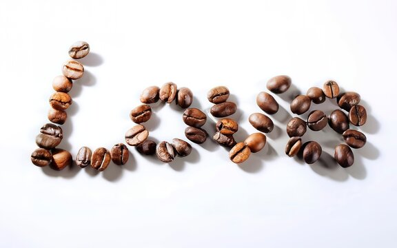 Love sign with coffee beans arranged over white background