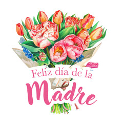 Vector watercolor banner with beautiful flowers framed for mother's day. Feliz dia de la madre