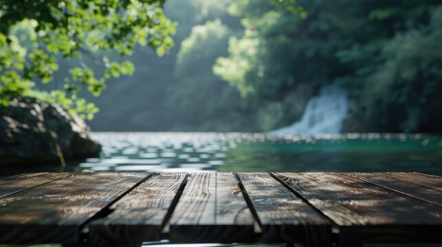 Empty wooden table with water background with Blur effect