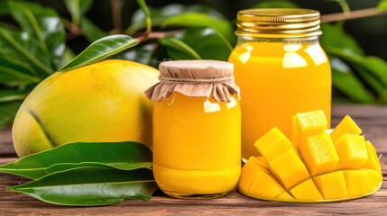 a couple of jars filled with yellow liquid next to a mango and a green leafy plant on a wooden table.