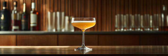 Frothy cocktail in a coupe glass on a wooden bar counter. Elegant bar atmosphere concept for menu and promotional design