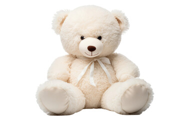 Obraz premium Fluffy white teddy bear plush toy, soft stuffed animal with ribbon bow, cute nursery gift and kids comfort mascot isolated on Transparent Background
